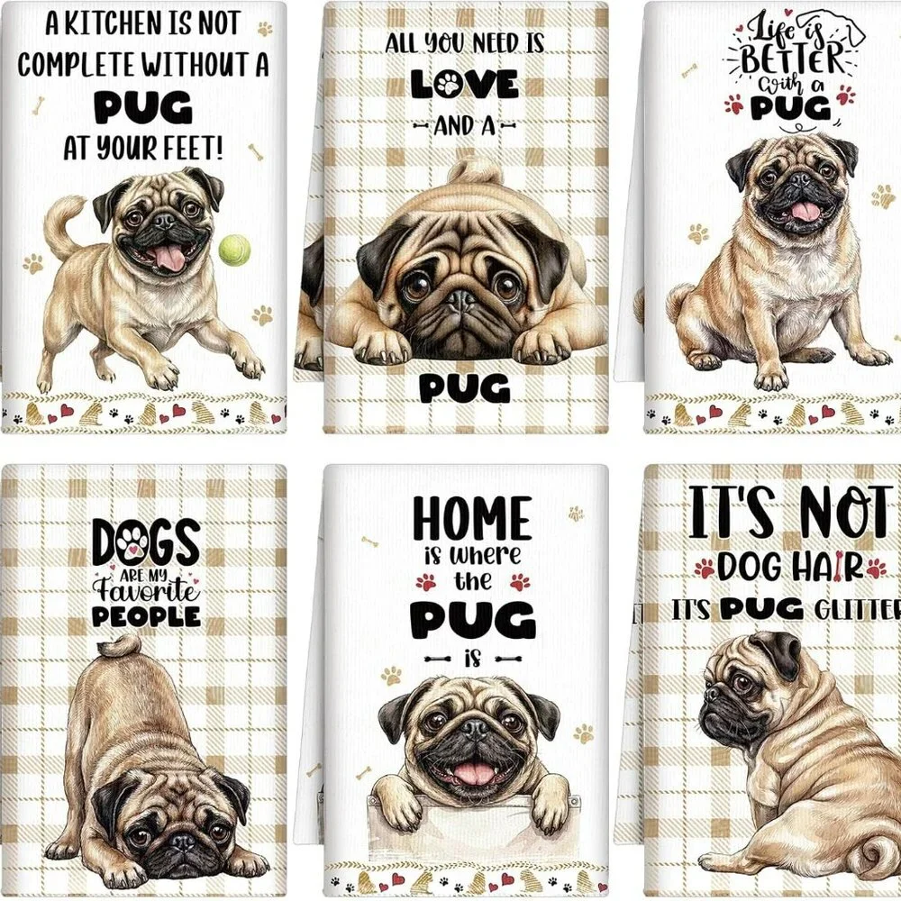 6 Pcs Pug Dog Kitchen Towels Gifts for Pug Lovers‎